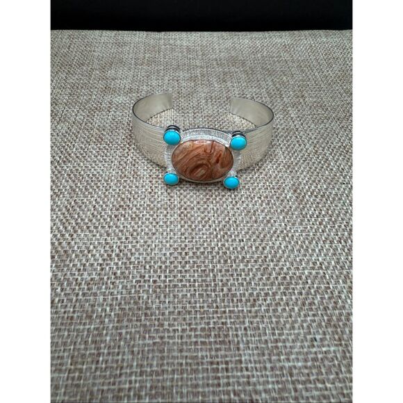 Southwestern Sterling Silver Cuff Bracelet – Jasper & Turquoise Stones – Artisan - Picture 7 of 7